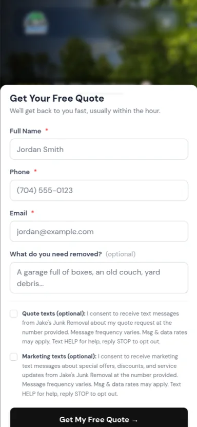 Jake’s Junk Removal quote request form on mobile