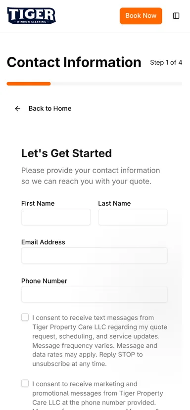 Tiger Window Cleaning quote request form on mobile